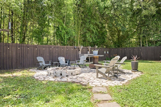 view of yard featuring a fire pit and a patio area