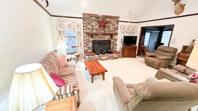 1807 Perch Rd, Moncks Corner, SC 29461 - living room with a wood stove, carpet, vaulted ceiling, and crown molding