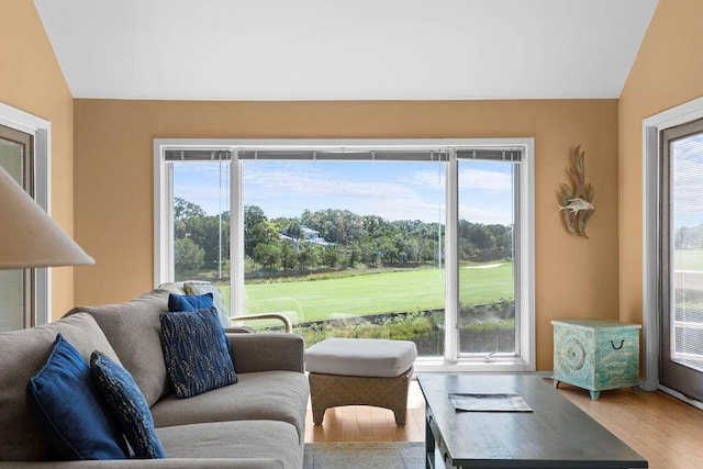 2473 High Hammock Rd, Seabrook Island, SC 29455 - living room featuring vaulted ceiling, wood finished floors, and view of golf course