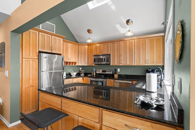 2473 High Hammock Rd, Seabrook Island, SC 29455 - kitchen with appliances with stainless steel finishes, a sink, vaulted ceiling, a peninsula, and dark stone counters