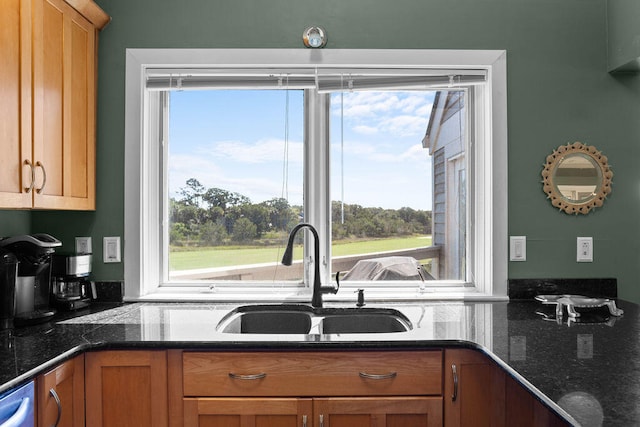 kitchen featuring dark stone counters, sink, and a wealth of natural light