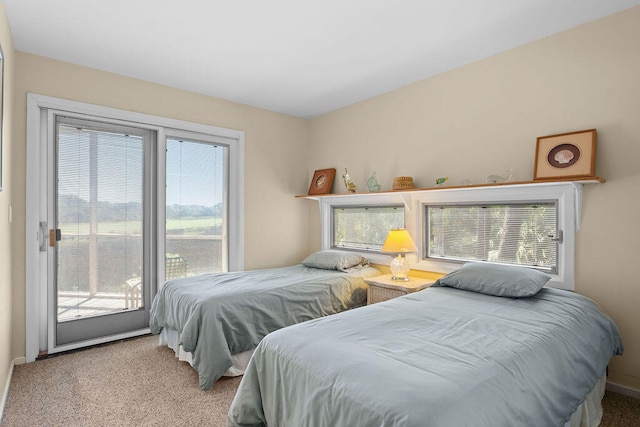 carpeted bedroom featuring multiple windows and access to exterior