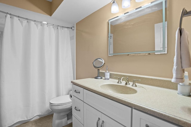 bathroom with tile patterned flooring, vanity, toilet, and a shower with shower curtain