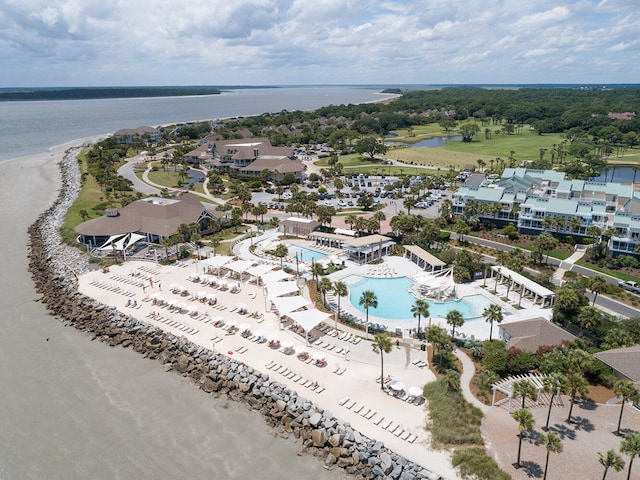 drone / aerial view with a water view