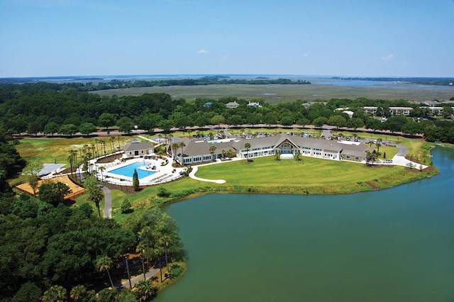 drone / aerial view with a water view