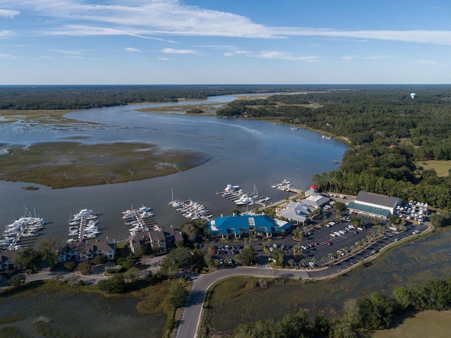 aerial view featuring a water view