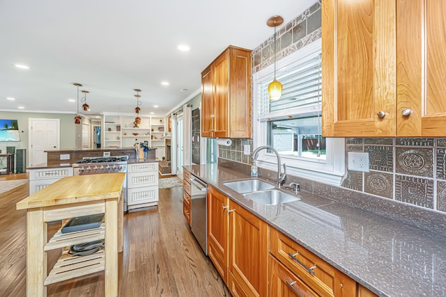 762 Swanson Ave, Charleston, SC 29412 - kitchen with stainless steel appliances, ornamental molding, wood finished floors, decorative backsplash, and decorative light fixtures