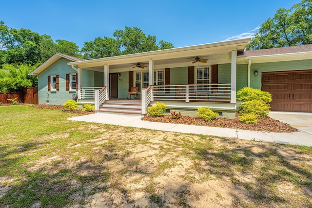 762 Swanson Ave, Charleston, SC 29412 - view of front facade featuring ceiling fan, a garage, covered porch, brick siding, and concrete driveway