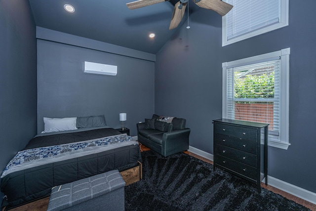 762 Swanson Ave, Charleston, SC 29412 - bedroom with wood finished floors, a wall mounted air conditioner, a ceiling fan, and high vaulted ceiling