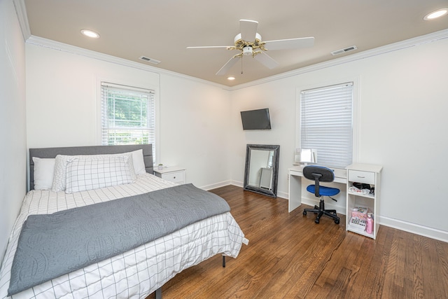 762 Swanson Ave, Charleston, SC 29412 - bedroom featuring an office area, crown molding, wood finished floors, recessed lighting, and ceiling fan