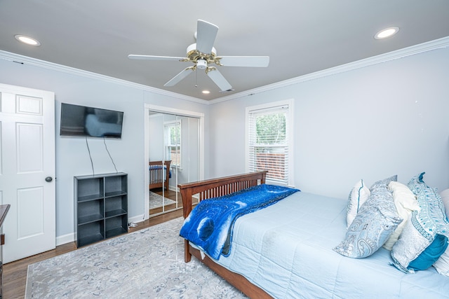 762 Swanson Ave, Charleston, SC 29412 - bedroom with wood finished floors, ornamental molding, recessed lighting, a ceiling fan, and a closet