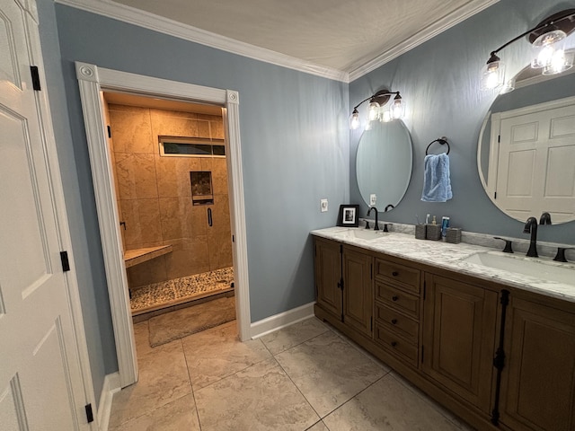 762 Swanson Ave, Charleston, SC 29412 - bathroom featuring double vanity, crown molding, and a shower stall