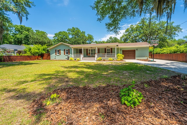 762 Swanson Ave, Charleston, SC 29412 - single story home featuring a porch, concrete driveway, a garage, and a ceiling fan