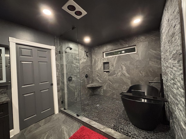 762 Swanson Ave, Charleston, SC 29412 - bathroom with a stall shower, marble finish flooring, and vanity