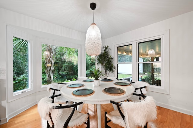 dining space with light hardwood / wood-style floors