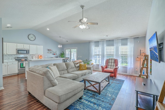 210 Delafield Dr, Summerville, SC 29483 - living area with dark wood-style floors, a ceiling fan, a textured ceiling, and lofted ceiling