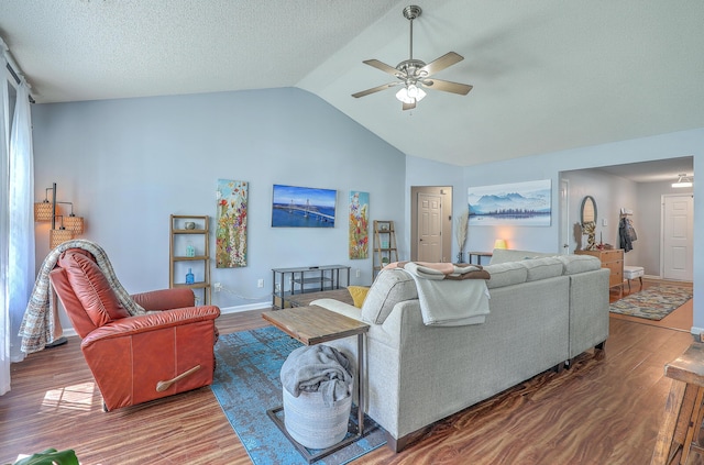 210 Delafield Dr, Summerville, SC 29483 - living room featuring wood finished floors, ceiling fan, vaulted ceiling, and baseboards
