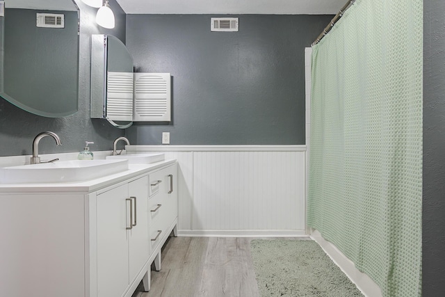 bathroom with hardwood / wood-style flooring and vanity