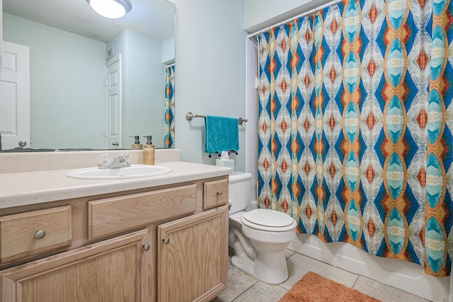 full bathroom with vanity, tile patterned flooring, toilet, and shower / bathtub combination with curtain