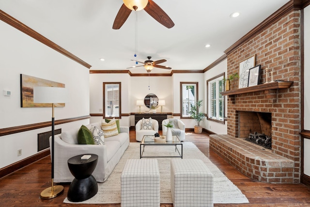 125 Drayton Dr, Summerville, SC 29483 - living room with ceiling fan, wood finished floors, baseboards, crown molding, and recessed lighting