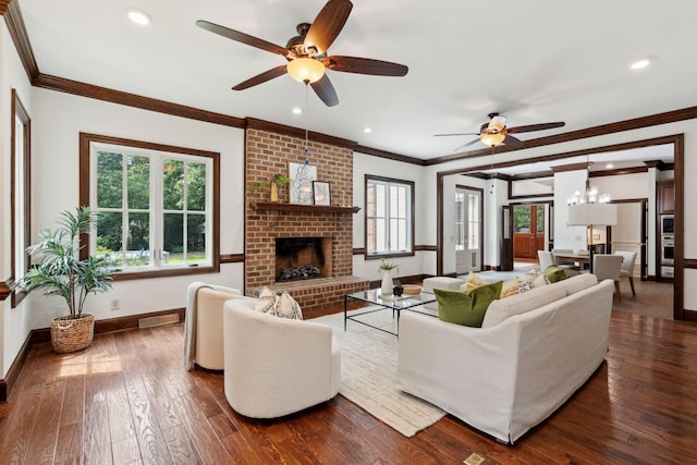 125 Drayton Dr, Summerville, SC 29483 - living area with ceiling fan, baseboards, ornamental molding, dark wood-style flooring, and a fireplace