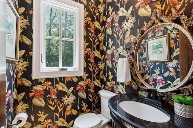 125 Drayton Dr, Summerville, SC 29483 - half bath with wallpapered walls, plenty of natural light, toilet, and vanity