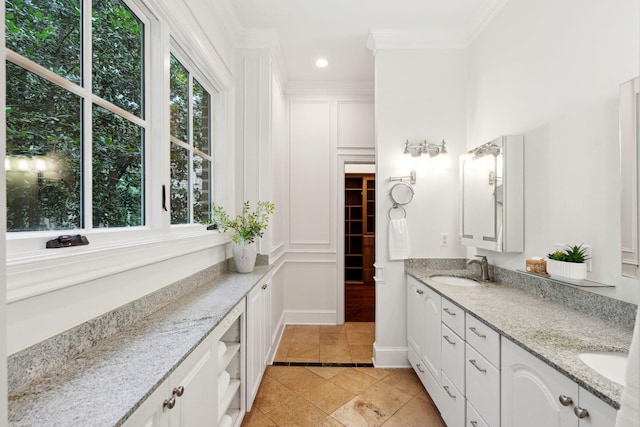 125 Drayton Dr, Summerville, SC 29483 - bathroom featuring double vanity, recessed lighting, ornamental molding, and tile patterned flooring
