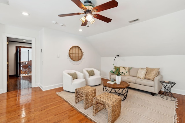 125 Drayton Dr, Summerville, SC 29483 - living room featuring baseboards, light wood-type flooring, recessed lighting, a ceiling fan, and vaulted ceiling
