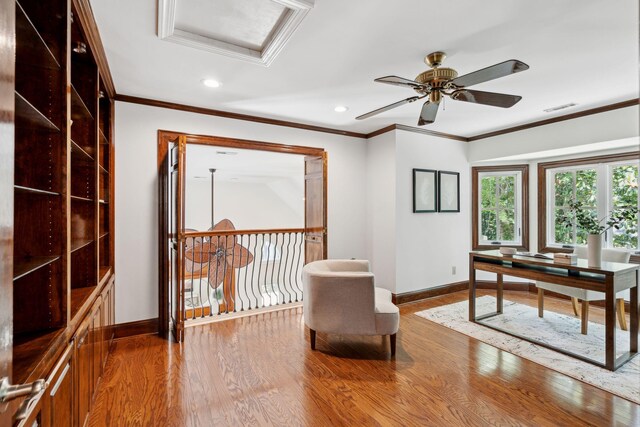 125 Drayton Dr, Summerville, SC 29483 - office space with baseboards, attic access, wood finished floors, recessed lighting, and a ceiling fan