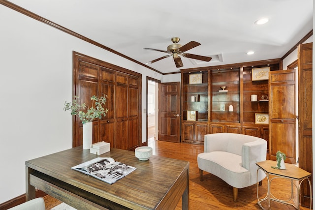125 Drayton Dr, Summerville, SC 29483 - dining space featuring a ceiling fan, crown molding, wood finished floors, and recessed lighting