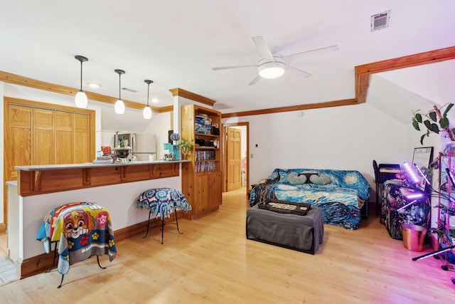 125 Drayton Dr, Summerville, SC 29483 - living room with crown molding, light wood-type flooring, and a ceiling fan