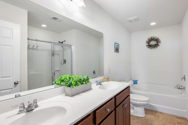 full bathroom with a sink, visible vents, a shower stall, and tile patterned floors