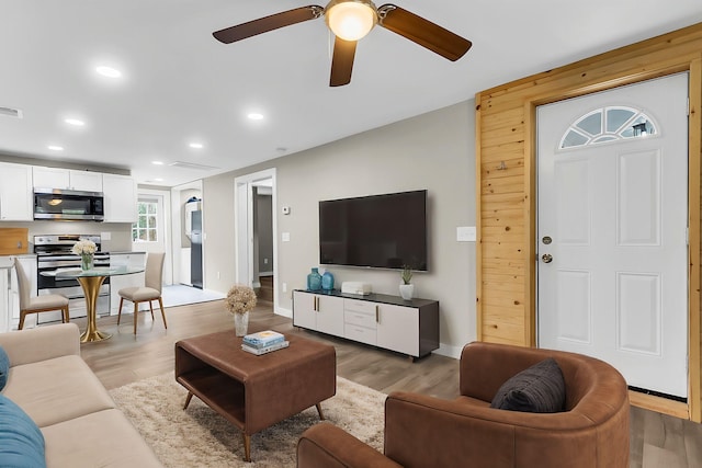 1979 Macon Ave, North Charleston, SC 29405 - living room featuring recessed lighting, light wood-style floors, ceiling fan, and baseboards