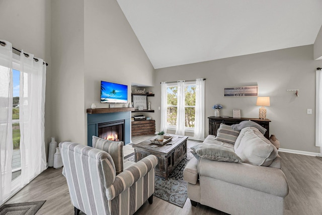 202 Mariners Cay Dr, Folly Beach, SC 29439 - living room featuring high vaulted ceiling, a glass covered fireplace, and wood finished floors