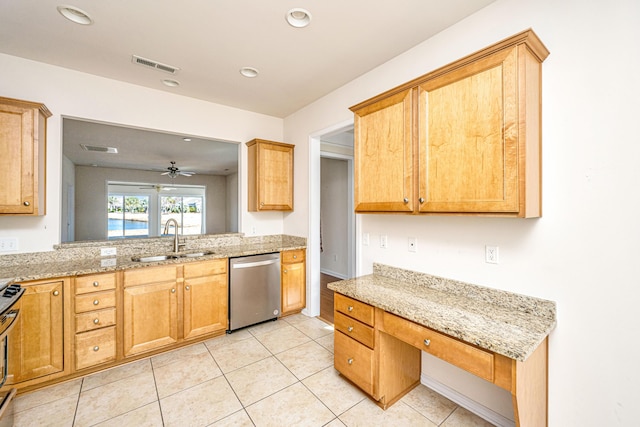 kitchen featuring dishwasher, sink, ceiling fan, light stone counters, and light tile patterned floors