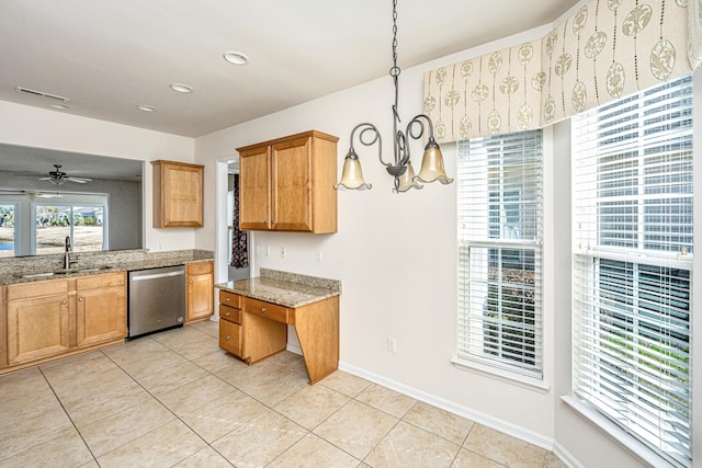 kitchen featuring light tile patterned floors, decorative light fixtures, dishwasher, ceiling fan with notable chandelier, and sink