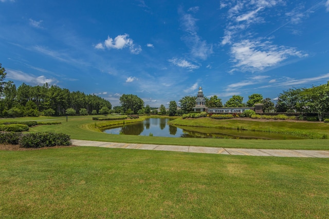 view of community featuring a lawn and a water view