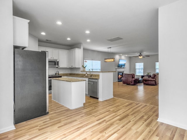 kitchen with a glass covered fireplace, appliances with stainless steel finishes, open floor plan, light wood-type flooring, and a sink