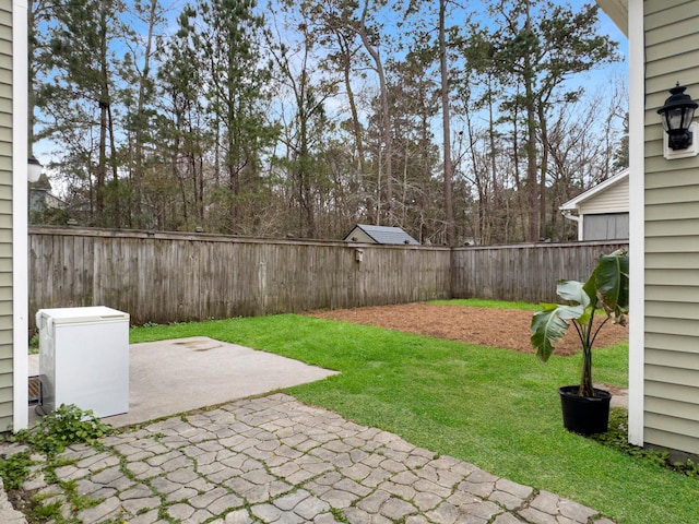 view of yard featuring a patio and a fenced backyard