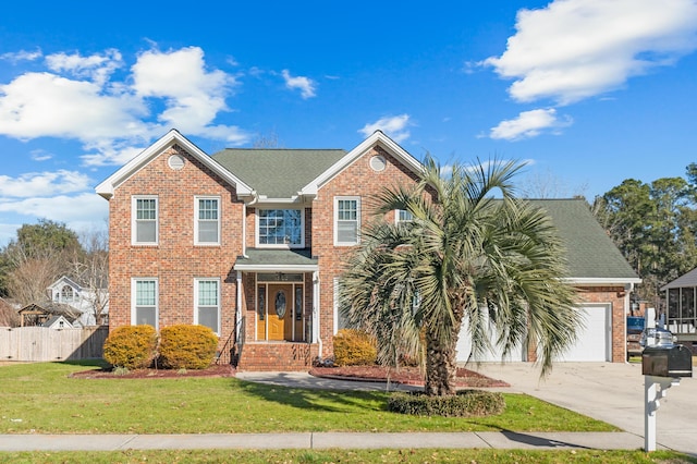 view of front of property with driveway, a front lawn, fence, and brick siding