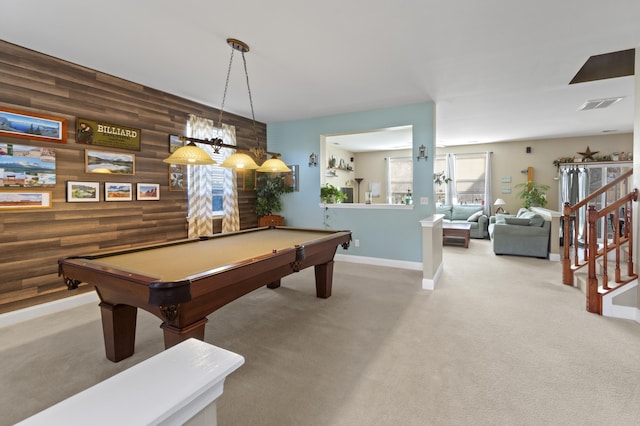 game room featuring billiards, wooden walls, and carpet