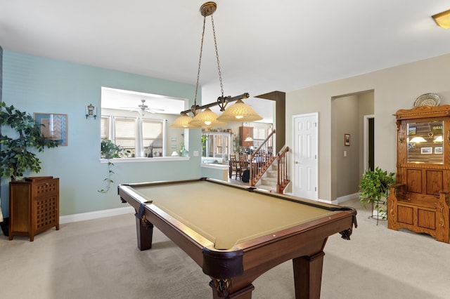 rec room with light carpet and billiards