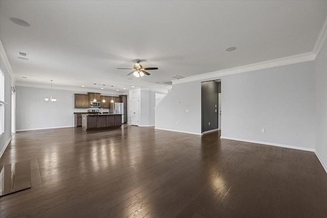 unfurnished living room featuring ceiling fan, dark hardwood / wood-style flooring, and crown molding