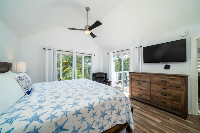 bedroom featuring ceiling fan, dark hardwood / wood-style floors, and vaulted ceiling