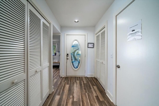 entryway with dark hardwood / wood-style flooring