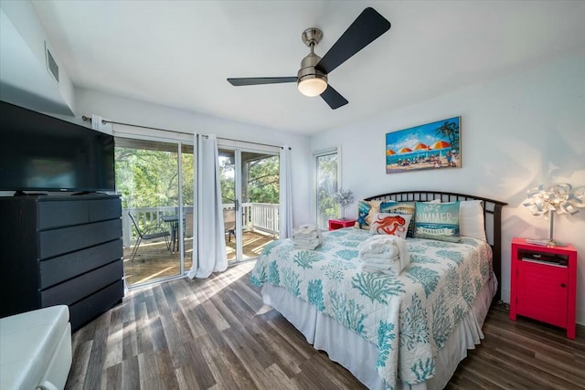 bedroom featuring ceiling fan, dark hardwood / wood-style floors, and access to outside