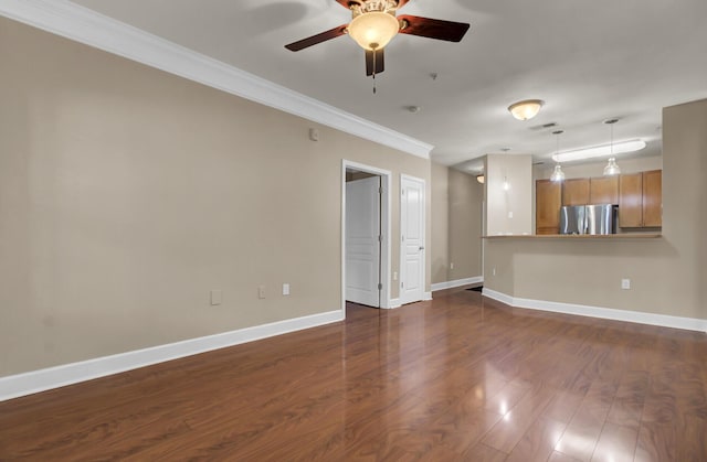 unfurnished living room with dark wood-style floors, ceiling fan, crown molding, and baseboards