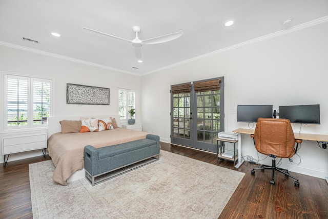 1520 Regimental Ln, Johns Island, SC 29455 - bedroom featuring an office area, multiple windows, french doors, dark wood-type flooring, and ornamental molding