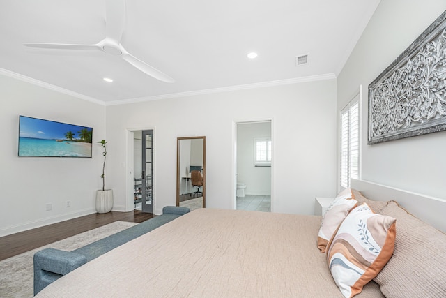 1520 Regimental Ln, Johns Island, SC 29455 - bedroom featuring ornamental molding, wood finished floors, recessed lighting, ensuite bath, and ceiling fan
