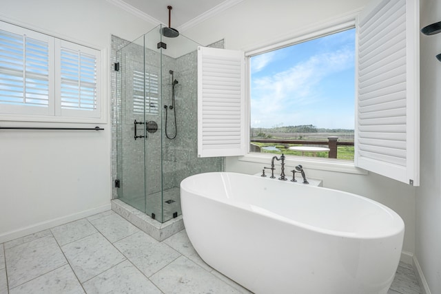 1520 Regimental Ln, Johns Island, SC 29455 - bathroom featuring crown molding, a stall shower, and a freestanding bath